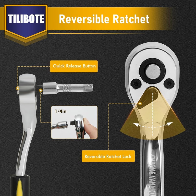 TILIBOTE مجموعة مفاتيح ربط، 62 قطعة 1/4" مجموعة مفاتيح ربط مع 72 سن، SAE وميتر من 5/32" - 9/16"، 4 مم - 14 مم، مجموعة أدوات للمنزل والسيارة، دراجة نارية، إصلاح دراجة - Image 4